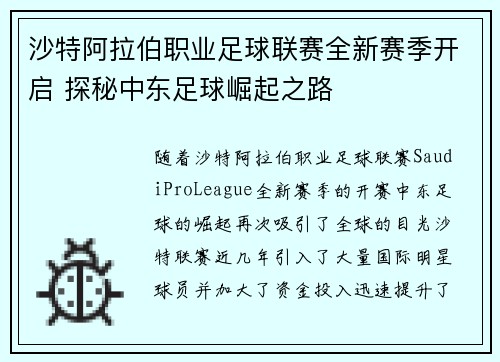 沙特阿拉伯职业足球联赛全新赛季开启 探秘中东足球崛起之路