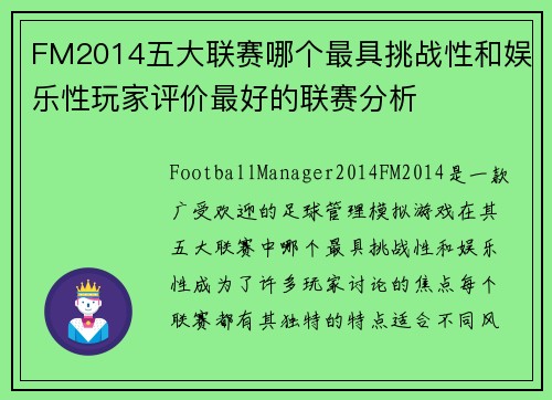 FM2014五大联赛哪个最具挑战性和娱乐性玩家评价最好的联赛分析