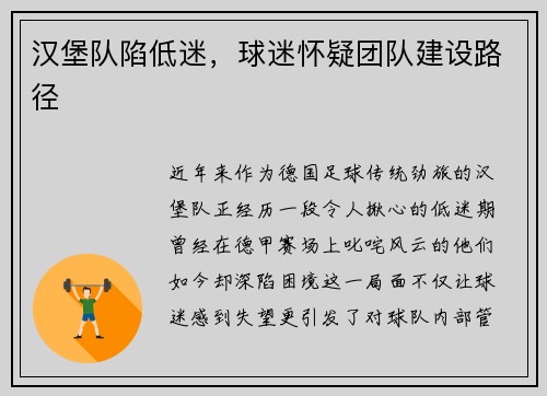 汉堡队陷低迷，球迷怀疑团队建设路径